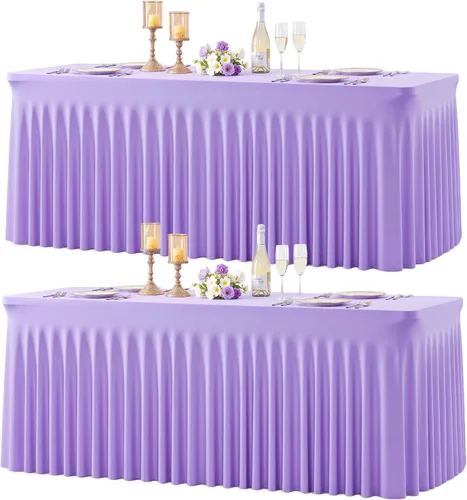 Vista 26 de Manteles de mesa de elastano azul bebé de 6 pies para mesas rectangulares, sin arrugas, rectangular, elástico, ajustable de 6 pies con falda