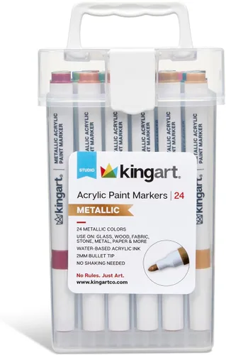 Vista 7 de KINGART Marcadores de pintura acrílica 409-24M con estuche de almacenamiento, 24 colores metálicos Tinta a base de agua con punta de bala de 0.079