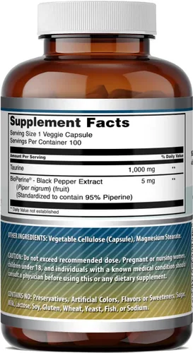Vista 5 de Amazing Formulas Taurina con bioperina 1000 mg Suplemento de cápsulas vegetales Sin OMG Sin gluten Fabricado en Estados Unidos