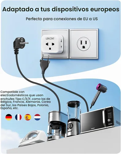 Vista 3 de LENCENT - Adaptador de enchufe de la UE a EE. UU., adaptador de salida europeo a EE. UU