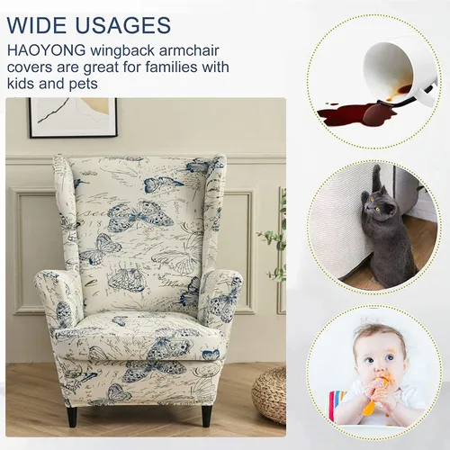 Vista 5 de HAOYONG Juego de Fundas Elásticas para Silla con Alas y Otomana, 2 Piezas de Funda para Silla Wingback y 1 Pieza de Funda Rectangular para Taburete