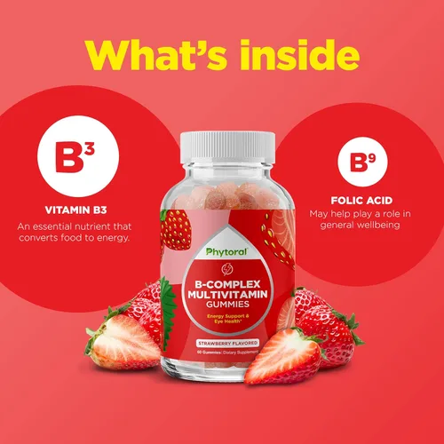 Vista 3 de Gomitas de complejo de vitamina B para adultos y niños, complejo de vitaminas B con tiamina, riboflavina, niacina, 6, 12 y folato, suplemento