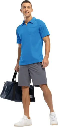 Vista 6 de BASUDAM Polo con cremallera para hombre, de secado rápido, manga corta, atlético, al aire libre, con bolsillo