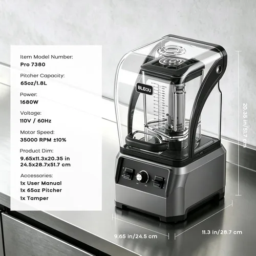 Vista 7 de Bleou 1680W Commercial Blender with Sound Shield & Self-Cleaning