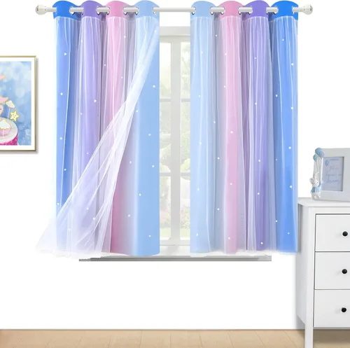 Vista 19 de Cortinas Opacas con Corte de Estrella Arcoíris para Dormitorio de Niñas - Doble Capa con Ojales Superiores para Sala de Estar, 2 Paneles