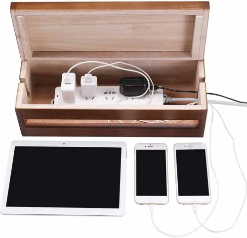 Vista 5 de Caja de almacenamiento de gestión de cables de madera, organizador de cables, funda para ocultar cables, cubierta de almacenamiento de cargador