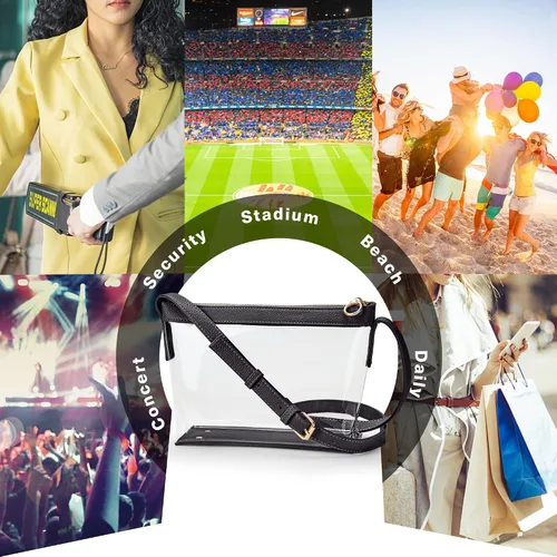 Vista 5 de KALIDI Bolso bandolera transparente aprobado para estadios, bolso cruzado con cremallera, bolso de cuero para concierto deportivo, estación
