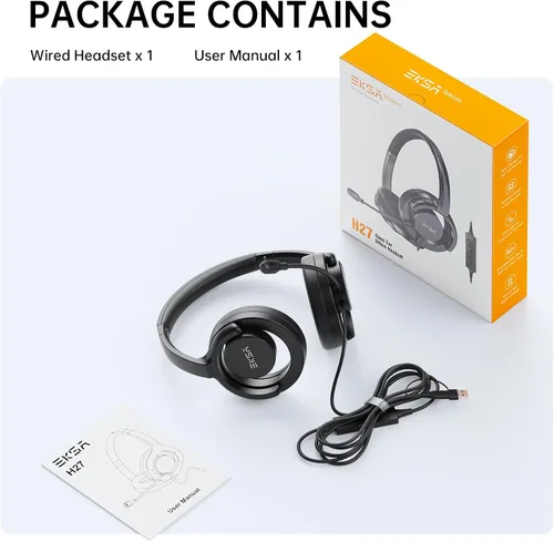 Vista 8 de EKSA H27 Auriculares USB para computadora con micrófono para trabajo, auriculares de PC con micrófono de cancelación de ruido, auriculares con cable