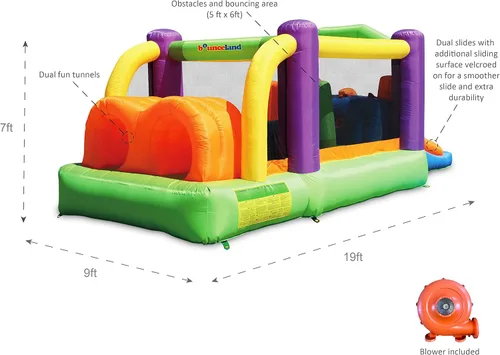 Vista 3 de Bounceland Pro Racer - Casa de rebote de obstáculos con toboganes dobles, rebote, subida, tobogán todo en uno, soplador UL 1 HP incluido, 19 pies x