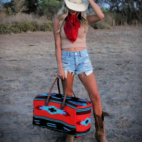 Vista 2 de Southwestern Boho Aztec Large Weekender Duffel Bag Handwoven 100% Leather Handles (Sedona)