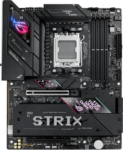 Vista 7 de ASUS ROG Strix B850-E Gaming WiFi AMD AM5 B850 ATX Placa base 16+2+2 etapas, OC dinámico, Core Flex, DDR5 con AEMP, WiFi 7, 5X M.2, 5G LAN, PCIe®