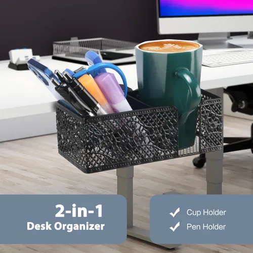 Vista 2 de Organizador de Escritorio con Clip para Escritorio Portavasos Portalápices para Almacenamiento de Escritorio Bebidas Soporte para Teléfono