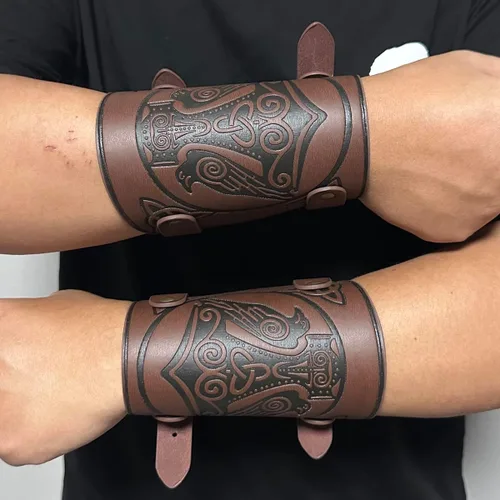 Vista 3 de GelConnie Guantelete de cuero pulsera vikingo de cuero protector de brazo medieval armadura brazaletes de cuero muñequeras Cosplay