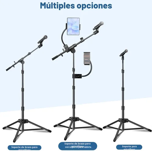 Vista 4 de GUITTO Soporte de piso para micrófono con soporte para teléfono/tableta, soporte de micrófono ajustable con base resistente, soporte de doble