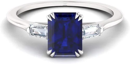Vista 2 de Diamondere Anillo de compromiso de baguette de piedras preciosas naturales y certificado, en oro blanco de 14 quilates, anillo de tres piedras