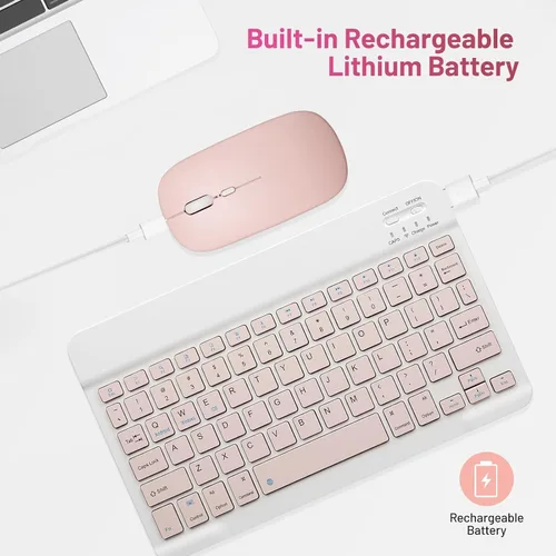 Vista 4 de Paquete de 2 teclados y mouse Bluetooth Combo de teclado inalámbrico portátil recargable para Apple iPad, iPhone, iOS 13 y superiores, Samsung, Rosa