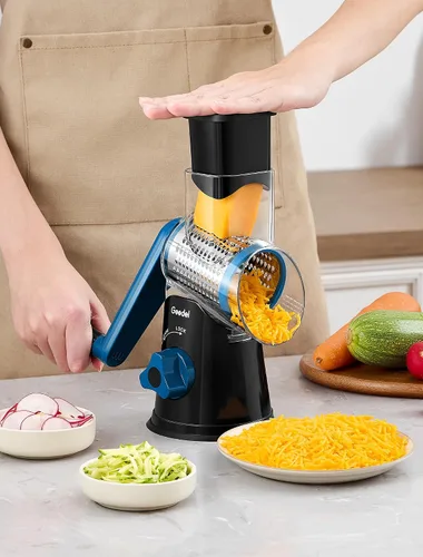 Vista 9 de Geedel Rallador rotativo de queso, cortador de verduras de mandolina de cocina con 3 cuchillas intercambiables, fácil de limpiar, rallador giratorio