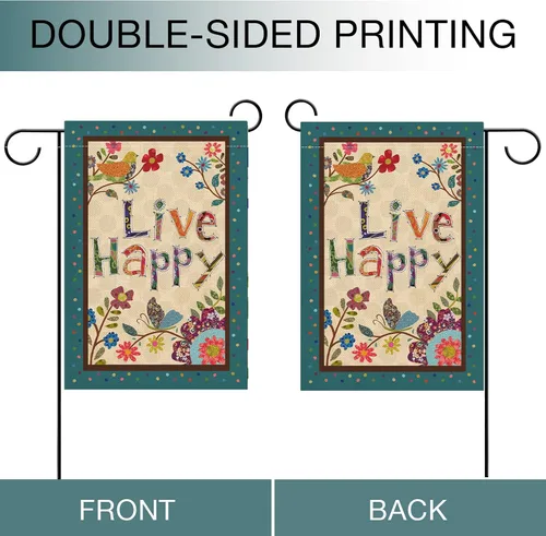 Vista 3 de Hzppyz Live Happy - Bandera decorativa pequeña para jardín con flores, pájaro, primavera y verano, cita inspiradora para casa, patio, decoración