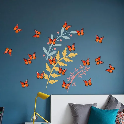 Vista 7 de Calcomanías 3D de mariposa monarca para decoración del hogar, mariposas naranjas falsas, decoración de pared para arreglos florales, calcomanías
