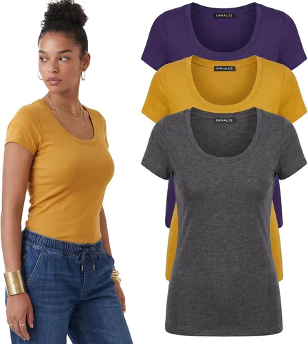 Vista 103 de Emmalise - Camiseta de manga corta para mujer, cuello redondo, estilo básico, pack de valor, tallas junior y grandes
