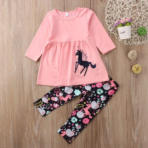 Vista 2 de Conjunto de ropa de invierno para niñas pequeñas, con volantes, con parte superior de túnica a rayas, 2