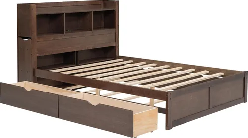 Vista 5 de Bellemave Base de cama matrimonial con cabecera de almacenamiento con estación de carga, plataforma de madera con nido, estantes extraíbles