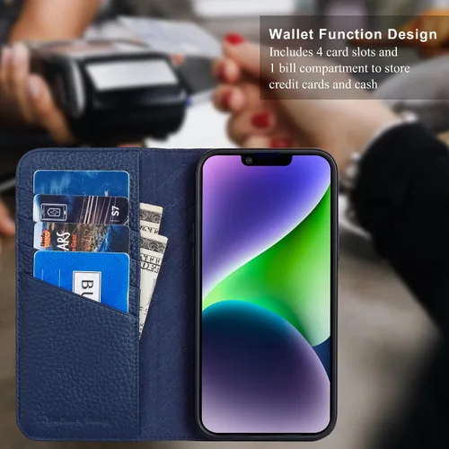 Vista 4 de VISOUL Funda de cuero con diseño de guijarros para iPhone 14 Plus, funda tipo cartera de cuero real con tarjetero y función atril magnética