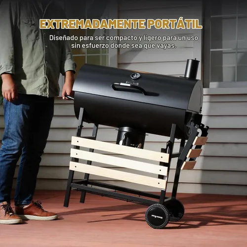 Vista 6 de MASTER COOK Parrilla de carbón de barril con estante frontal plegable de madera, 686 pies cuadrados área de cocina al aire libre, termómetro