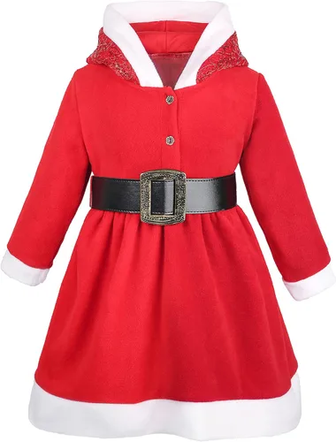 Vista 3 de Lilax Vestido rojo con capucha y cinturón navideño para niñas pequeñas, Rojo