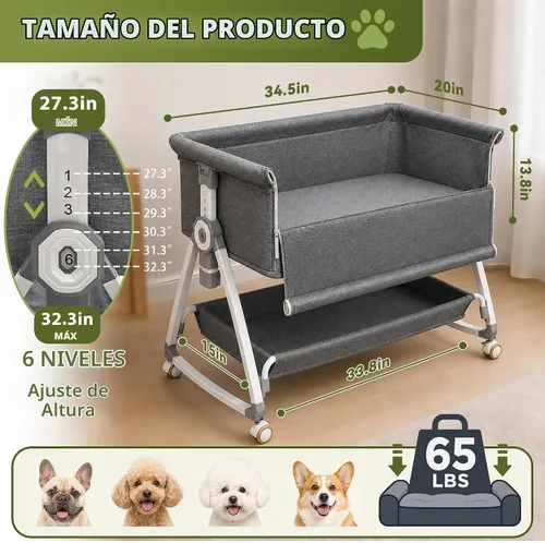 Vista 3 de Bedside Cosleeper - Cama elevada para perros de 27 a 32 pulgadas de altura ajustable, extensión de cama para perro para cama humana