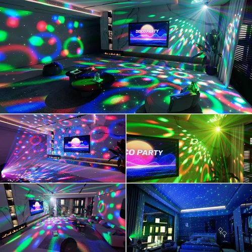 Vista 2 de Luces de fiesta DJ, luz de discoteca, bola de discoteca con proyector de estrellas, luces estroboscópicas activadas por sonido para fiestas, bar