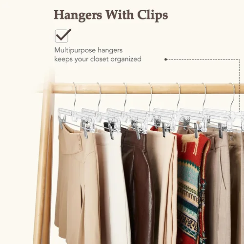 Vista 4 de HOUSE DAY Perchas para faldas transparentes con clips, percha antideslizante de plástico para pantalones con 2 clips ajustables, percha con clip