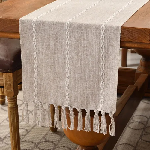 Vista 13 de Wracra Camino de mesa de lino rústico estilo granja, camino de mesa bordado de 36 pulgadas de largo con borlas a mano para fiestas, decoración