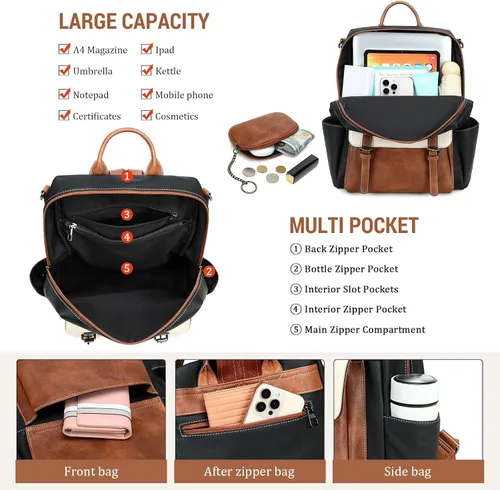 Vista 3 de AGLOD Mochila de cuero sintético para mujer, bolsos de viaje de moda para mujer, bolsos de viaje de trabajo de imitación, Beige- negro-marrón