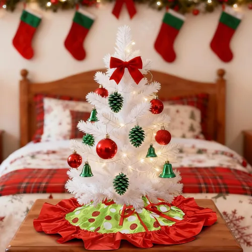 Vista 3 de Yuboo 24" Falda de árbol de Navidad de puntos rojos y verdes - Falda de árbol de mesa pequeña con volantes, tapete de árbol de Navidad mini