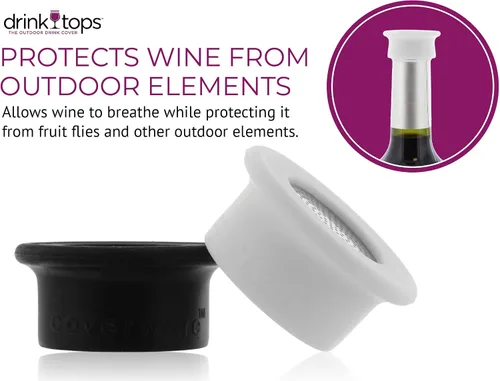 Vista 2 de Drink Tops - Fundas para botellas ventiladas, paquete de 2, color negro y blanco, fundas de silicona sin BPA para proteger el vino de elementos al