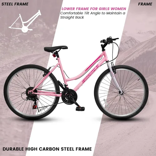 Vista 6 de Ecarpat Bicicleta de montaña para niñas y mujeres, 24/26 pulgadas, 21 velocidades, regalos de viaje de verano, bicicletas de freno en V femenino