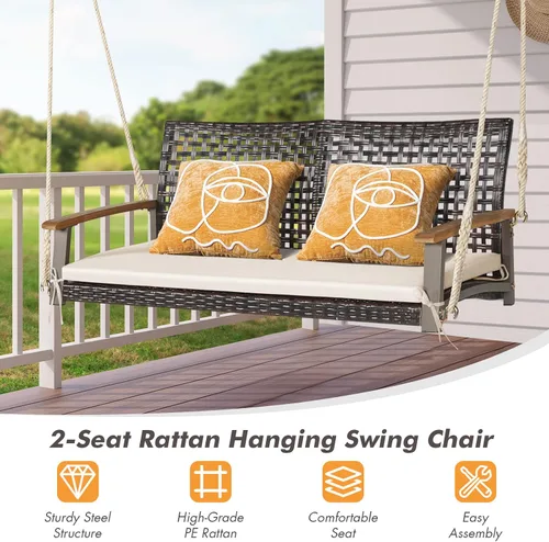 Vista 4 de Happygrill Silla oscilante de ratán para porche de 2 asientos, banco oscilante de mimbre para exteriores con cojín de asiento y reposabrazos
