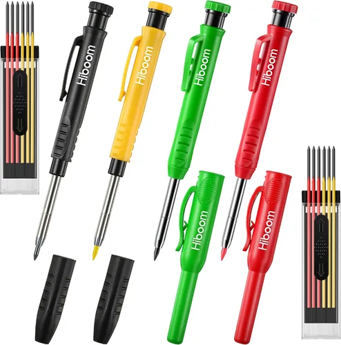 Vista 8 de Hiboom Juego de 3 lápices de carpintero con 24 recambios (Rojo, Negro, Amarillo), lápiz de construcción de 2,8 mm de alta resistencia con sacapuntas