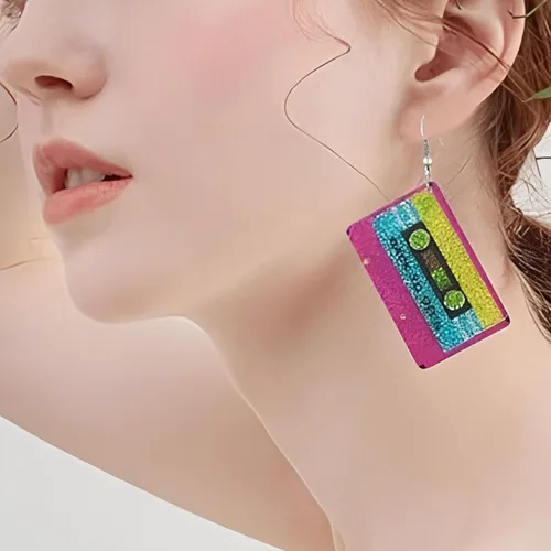 Vista 3 de Aretes de neón de los años 80 y 90 para mujer, estilo punk, retro, coloridos, acrílicos, colgantes, para cosplay, fiesta brillante, festival