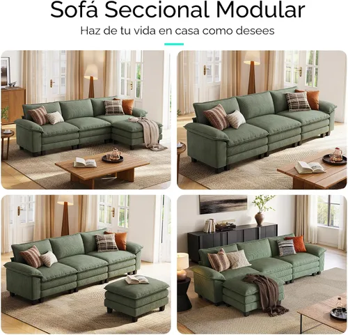 Vista 6 de LINSY HOME Sofá Seccional Modular de 123'' Sofá Verde de Pana Nube para Sala de Estar, Sofá en Forma de L con Otomana Móvil, Sofás Seccionales
