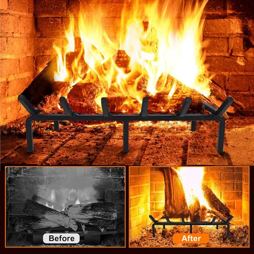 Vista 6 de Rejilla de chimenea de 20 pulgadas con retenedor de brasas, rejilla de troncos de chimenea de hierro fundido, soporte para troncos de chimenea