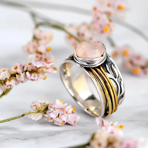 Vista 4 de Boho-Magic - Anillo giratorio de plata de ley 925 con hoja de cuarzo rosa para mujer piedras preciosas rosadas