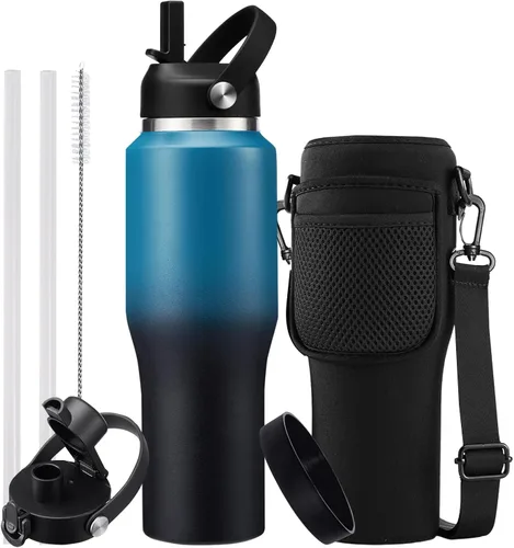 Vista 35 de Botella de agua de acero inoxidable de 32 onzas, frío-48 horas y caliente-24 horas, termo con popote y tapas de boquilla, bolsa, botella aislada al