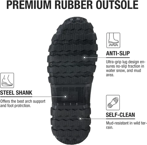 Vista 3 de HISEA Botas de lluvia mejoradas para hombre, botas de goma de neopreno aisladas impermeables con vástago de acero, botas de trabajo duraderas