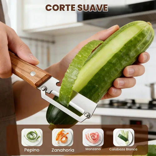 Vista 3 de Nuevo pelador de verduras multifuncional para cocina, con mango de madera y abridor de botellas, hoja de acero inoxidable ultra afilada para frutas