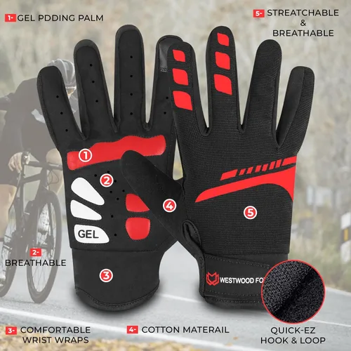 Vista 6 de WESTWOOD FOX Guantes de ciclismo para hombres y mujeres, dedo completo, antideslizantes, para pantalla táctil, transpirables, para ciclismo