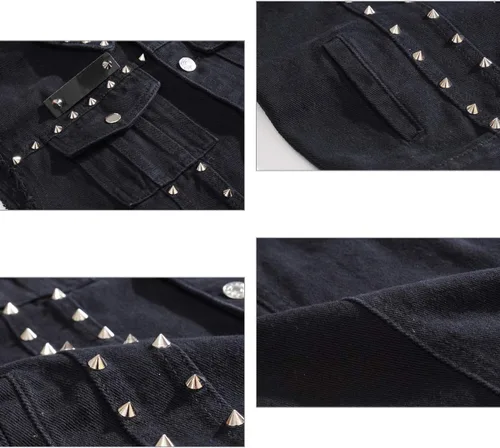 Vista 4 de Chaleco de mezclilla para hombre, chaqueta sin mangas, punk, casual, con solapa, vaqueros, chalecos con remaches