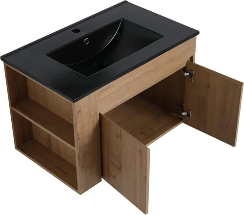 Vista 4 de SSLine Juego de tocador de baño montado en la pared con lavabo moderno de 30 pulgadas con lavabo superior y estante de almacenamiento, armario