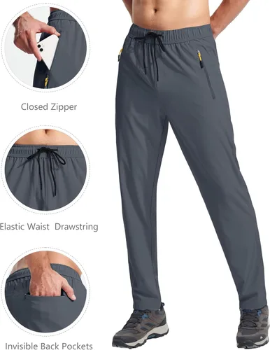 Vista 3 de Pantalones de senderismo ligeros para hombre, de secado rápido, pantalones deportivos de pesca, correr, entrenamiento, 3 bolsillos con cremallera